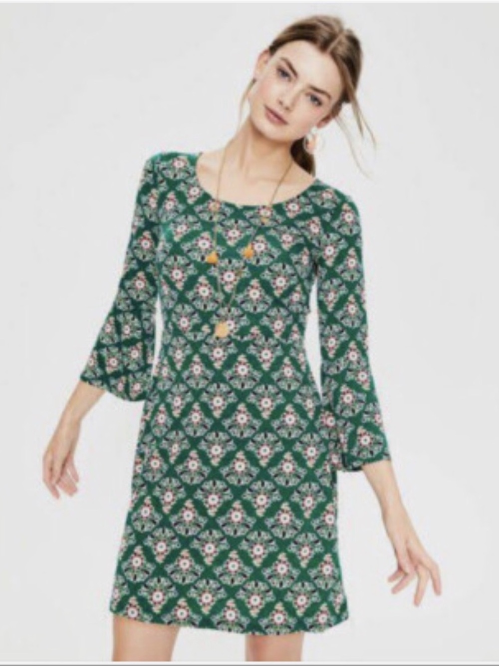 Boden Green Floral Shift Dress  with bell sleeve - Women's Elegant Casual size